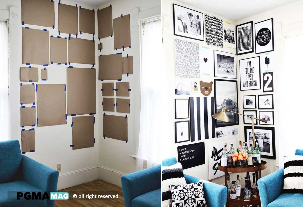 یا حتی میتوانید تعدادی کاغذ را به شکل قاب عکسهایتان برش دهید و کاغذها را روی دیوار با طرح مد نظرتان بچینید